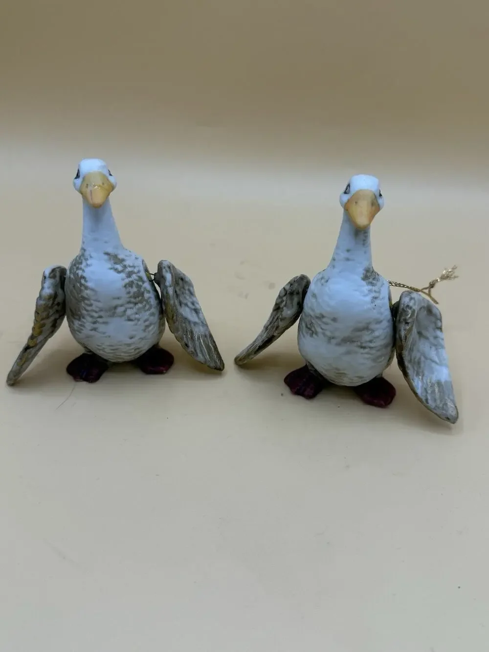 Vintage Goose Christmas Ornaments Pair Porcelain Ceramic Winged Birds Repair